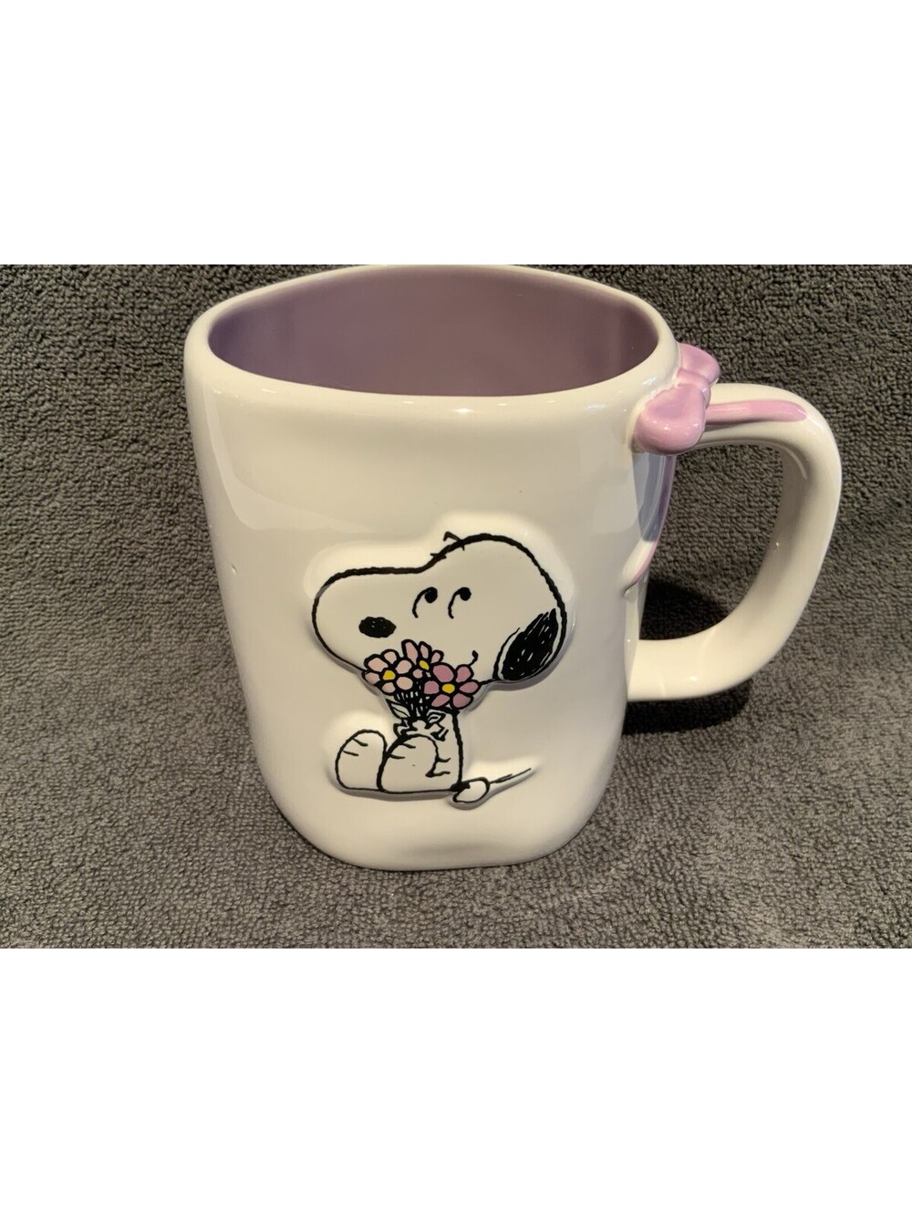 Rae Dunn Large 18oz. Ceramic ‘Love’ Mug with Snoopy Holding Flowers Relief